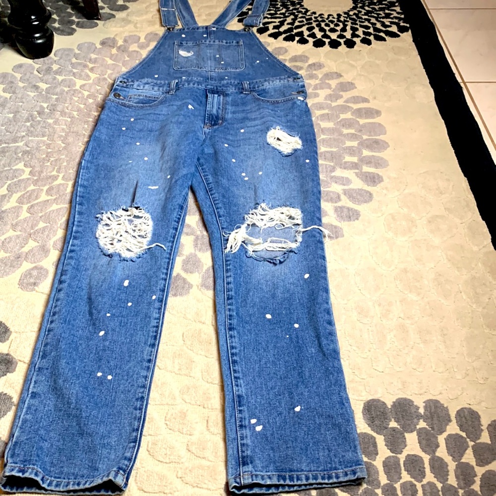 Forever 21 Men Extreme Distressed Blue Jeans Overalls paint platter Size 34